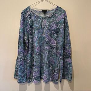 Talbots Merino Wool Paisley Sweater Bell Sleeve Stretchy Top Blouse Sz L